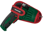 Акумулаторен винтоверт Parkside® в червен и зелен калъф с USB кабел.
