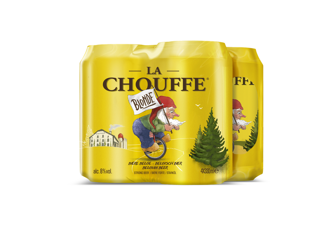 Vier blikken La Chouffe Blonde bier met 8% alcohol, met een kabouter op een eenwieler.