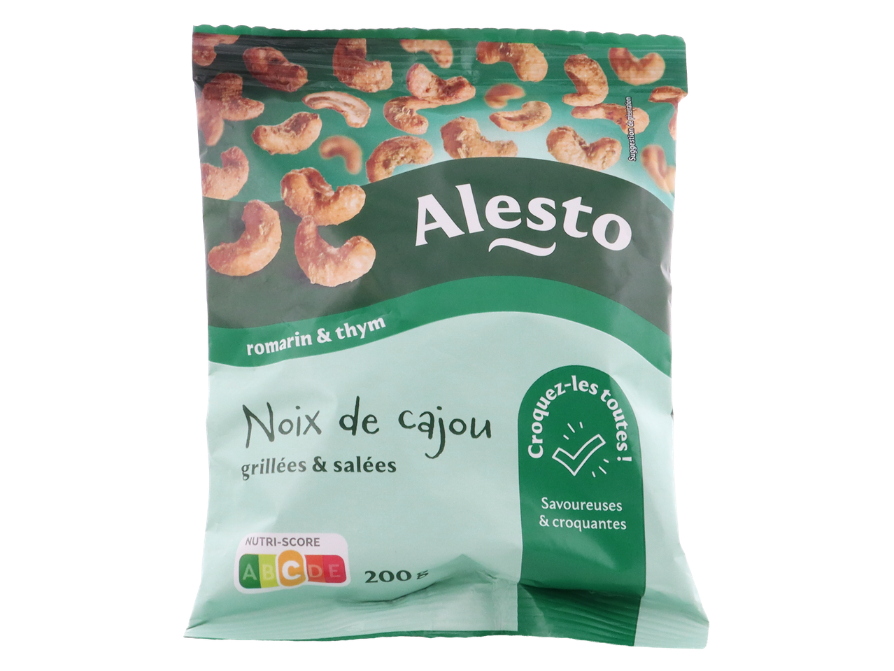 Sachet de noix de cajou grillées et salées au romarin et thym, avec Nutri-Score A.