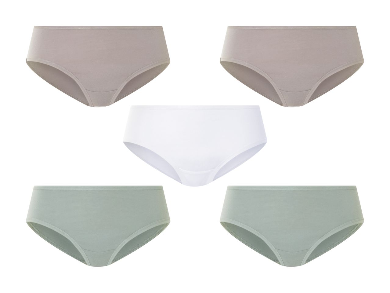 Fem par dametrusser i beige, hvid og grøn.