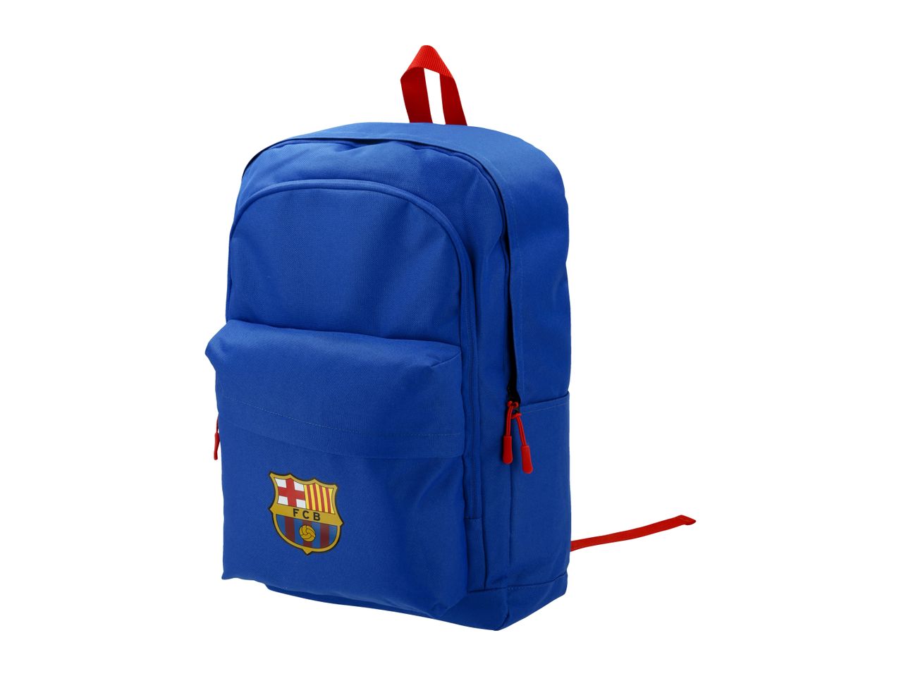 Blue backpack with a colorful crest and red accents