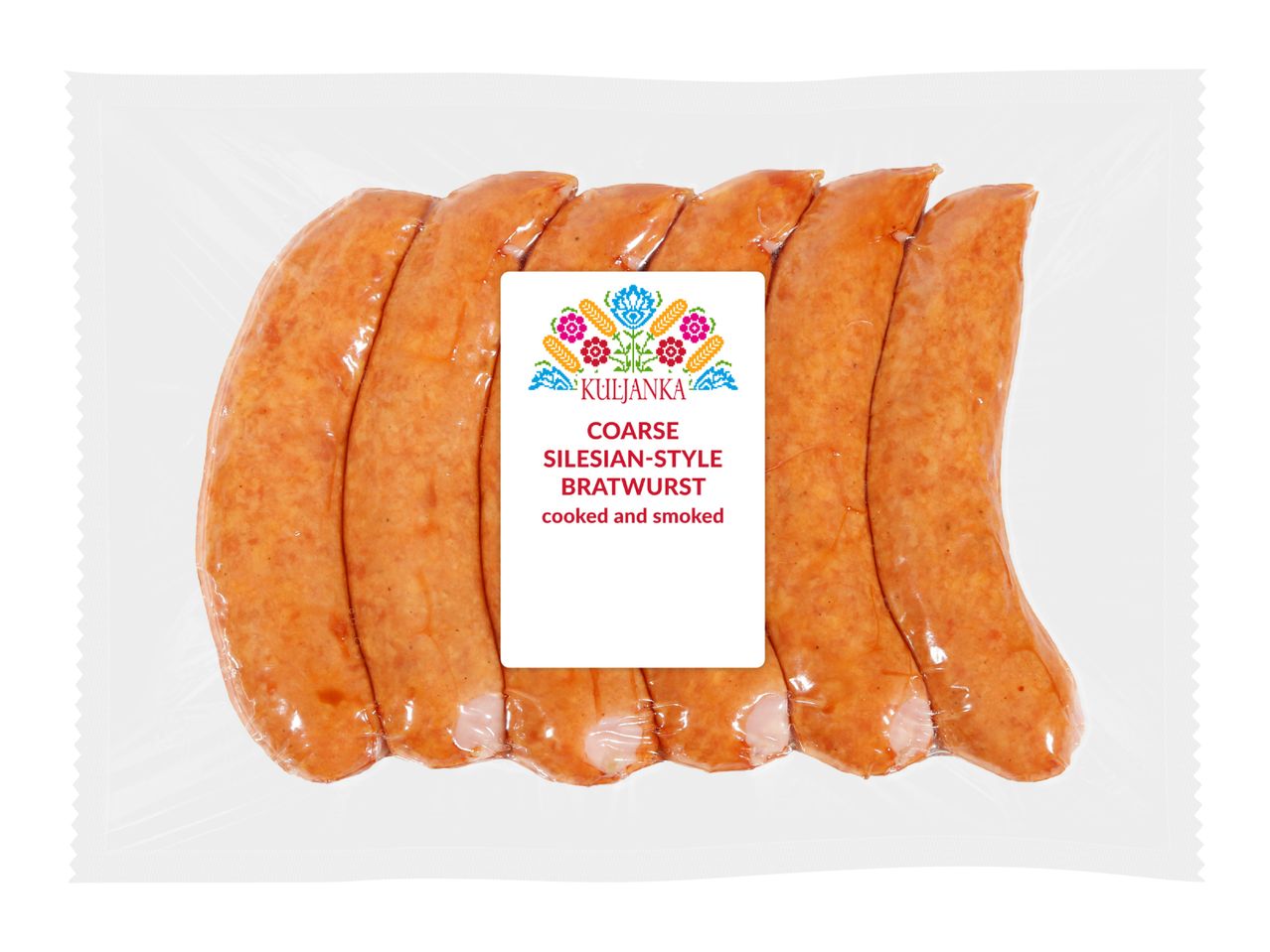 Pack of coarse Silesian-style bratwurst, cooked and smoked, with a folk art label.