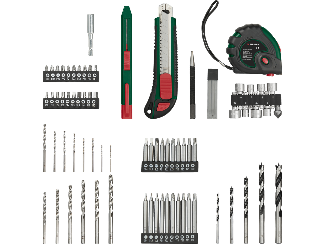 Set de burghie și biți de șurubelniță Parkside® cu ruletă, cutter și chei tubulare.