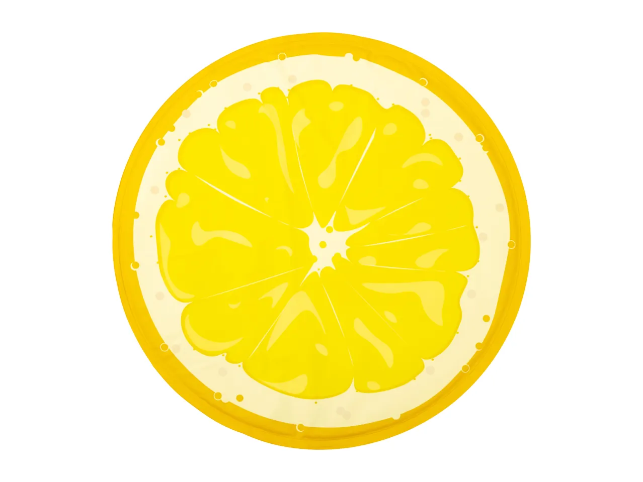 A vibrant yellow lemon slice with visible segments and a white rind.
