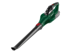 Cordless leaf blower with a green and black body, red buttons, and a gray battery pack.