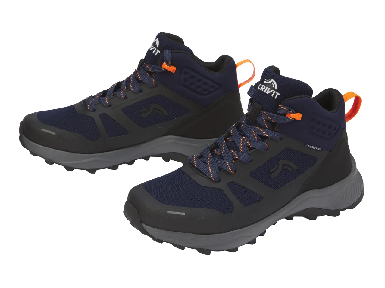 A pair of Crivit waterproof hiking boots in navy blue and black.