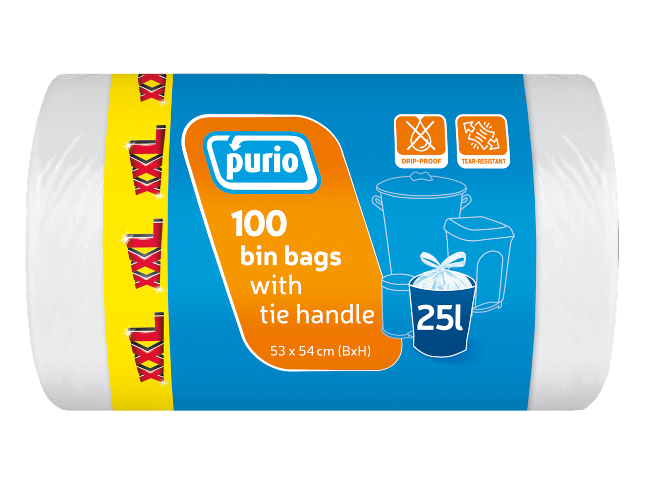Purio 100 vuilniszakken met trekband, 25L, druppelvrij en scheurbestendig