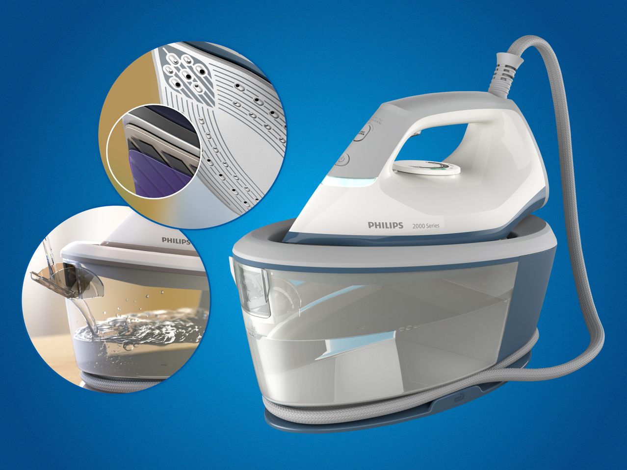 Philips 2000 Series parni likalnik s prikazom podrobnosti o njegovih funkcijah.