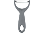 A grey vegetable peeler with a stainless steel blade.