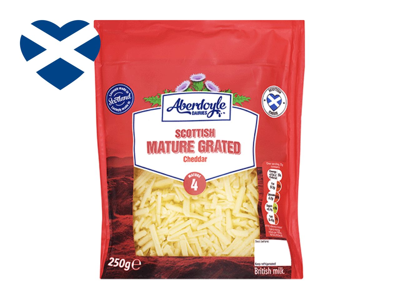 Aberdoyle Dairies Scottish Mature Grated Cheddar cheese in a red bag, 250g.