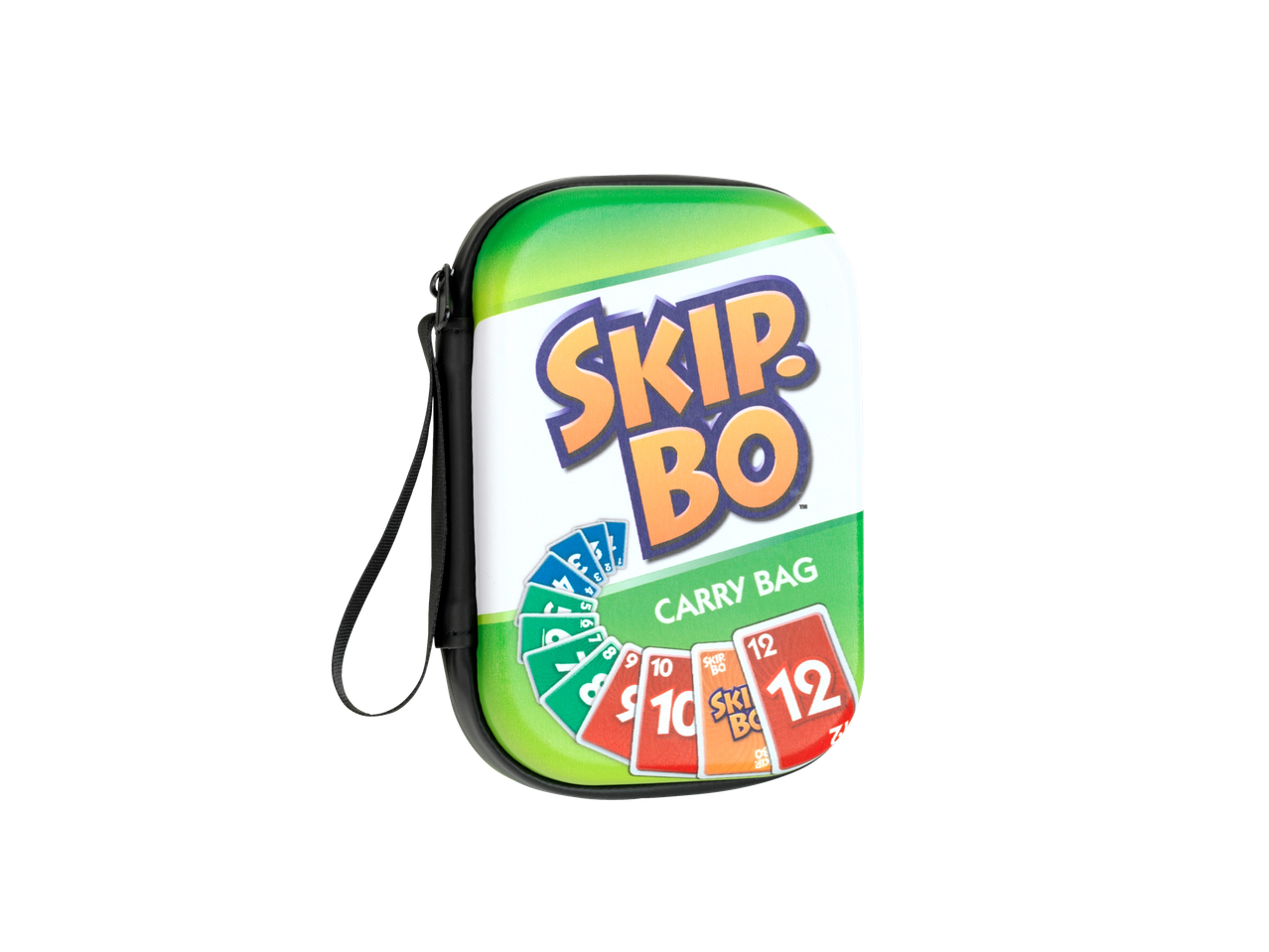Skip-Bo kandekott mängukaartidele, Skip-Bo logo ja värviliste kaartidega.
