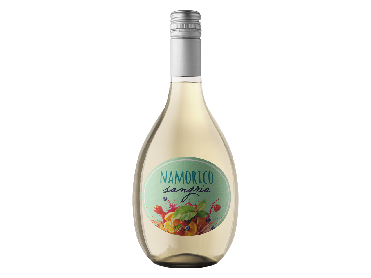 Garrafa de sangria branca com rótulo de frutas e salpicos.