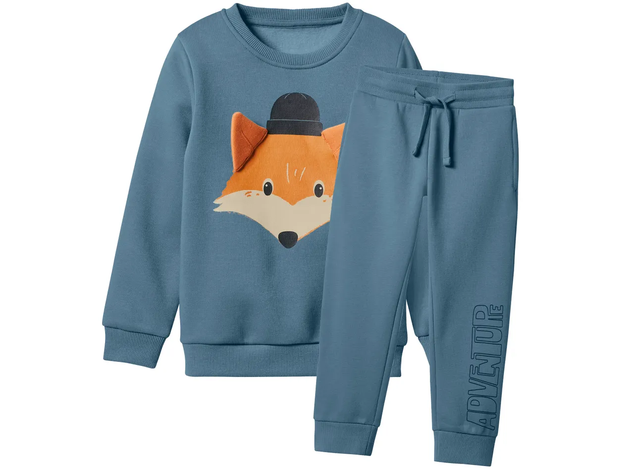 Комплект от суичър и долнище в синьо с щампа на лисица и надпис „ADVENTURE“