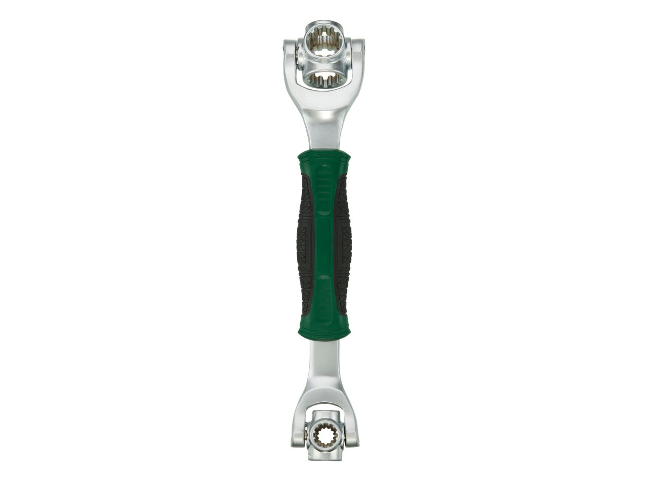 Многофункционален гаечен ключ с въртящи се глави и зелена дръжка.
