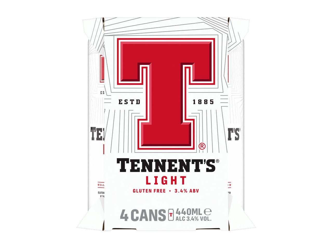 A 4-pack of light beer cans, 3.4% ABV, 440ml each, gluten-free, with a red 'T' logo.