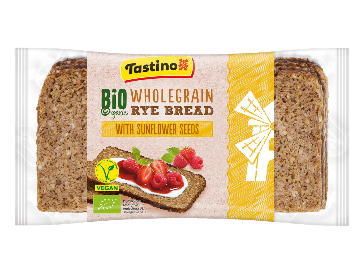 Pâine de secară integrală bio Tastino cu semințe de floarea-soarelui.