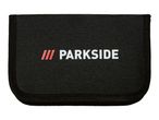 Black fabric tool case with a white logo and red stripes.