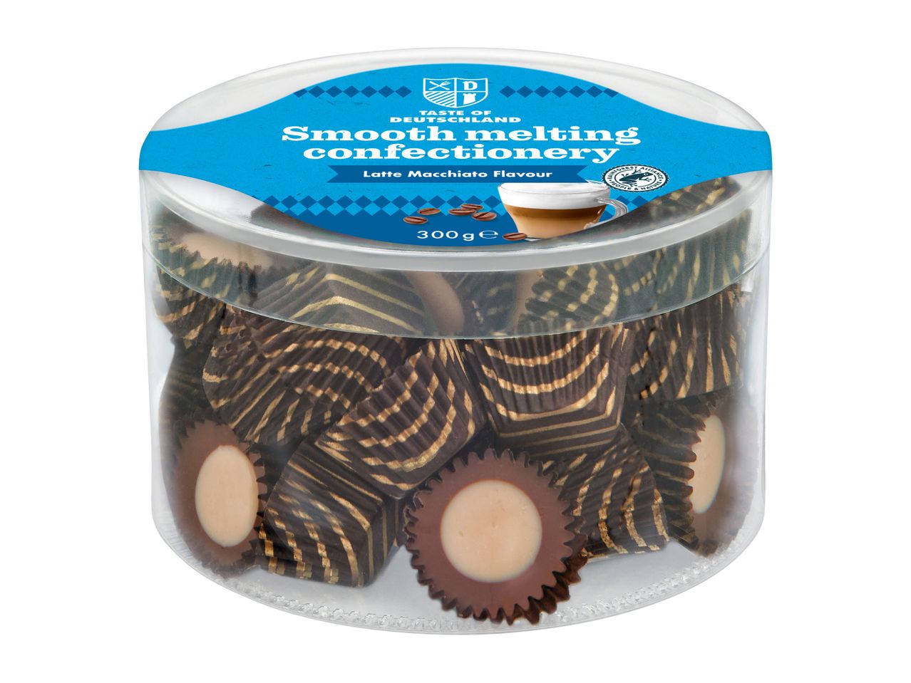 A clear plastic container of smooth melting Latte Macchiato flavour confectionery.