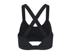 Black sports bra with criss-cross back straps and hook-and-eye closure.