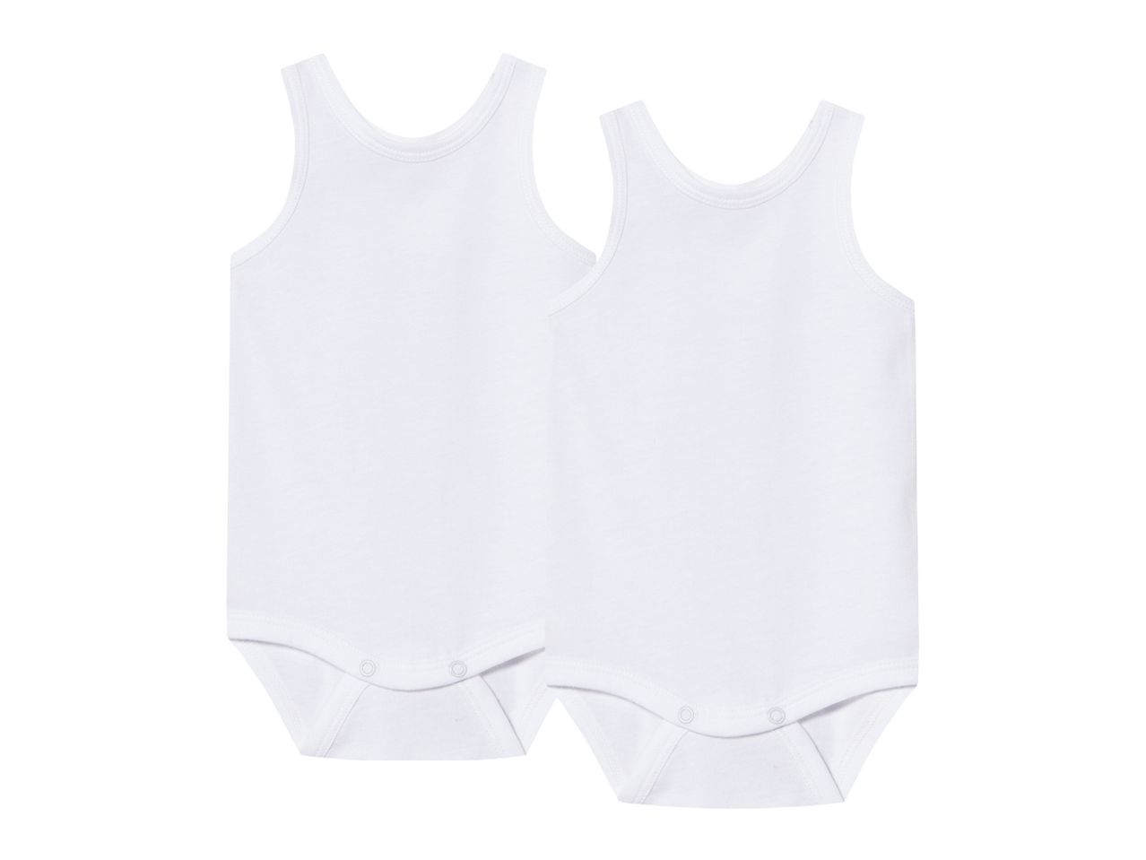 Zwei weiße Baby-Bodys ohne Ärmel mit Druckknöpfen im Schritt