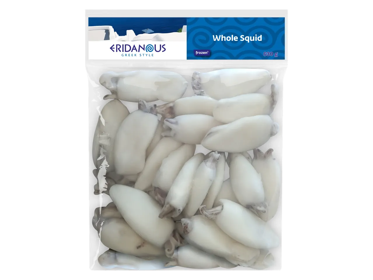 Eridanous Whole Squid, frozen, 630g, in a clear plastic package.