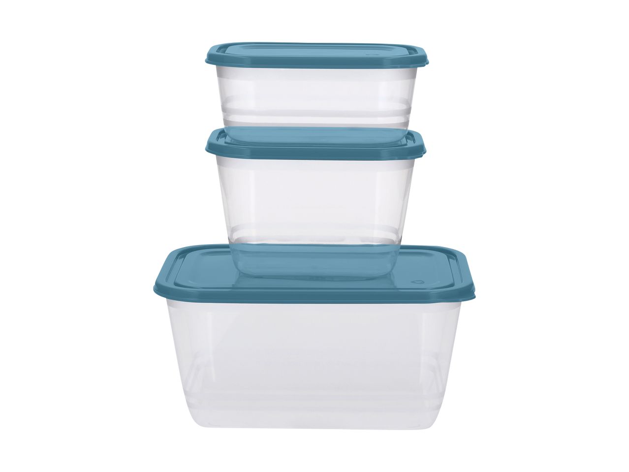 Three clear rectangular food storage containers with blue lids, stacked from largest to smallest.