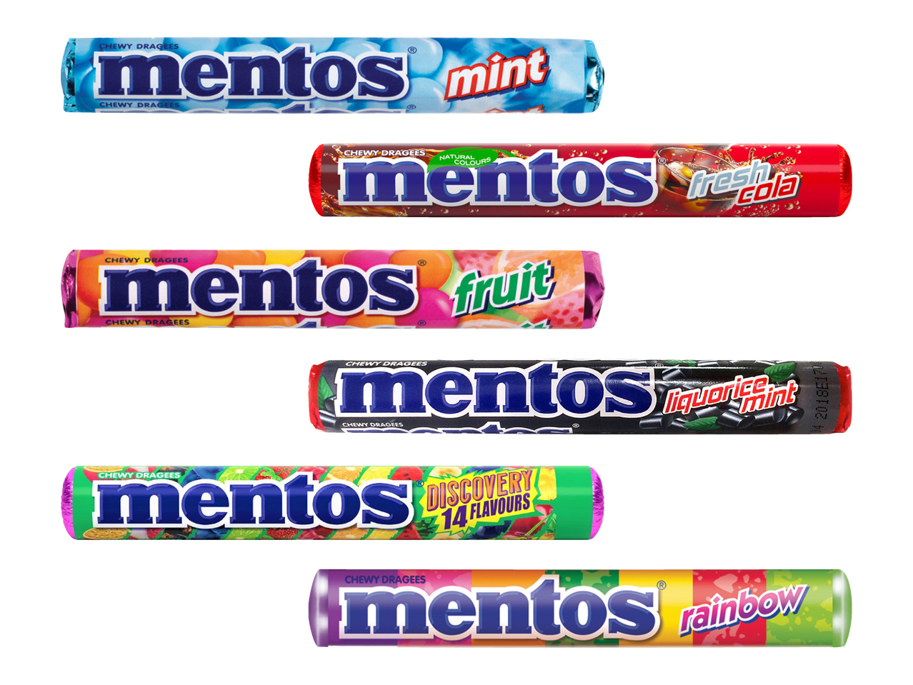 Mentos-karkkien valikoima, makuina mm. jäätelö, hedelmä ja purenta.