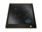 O tabletă de scris LCD bej cu un stilou și desene pe ecran.
