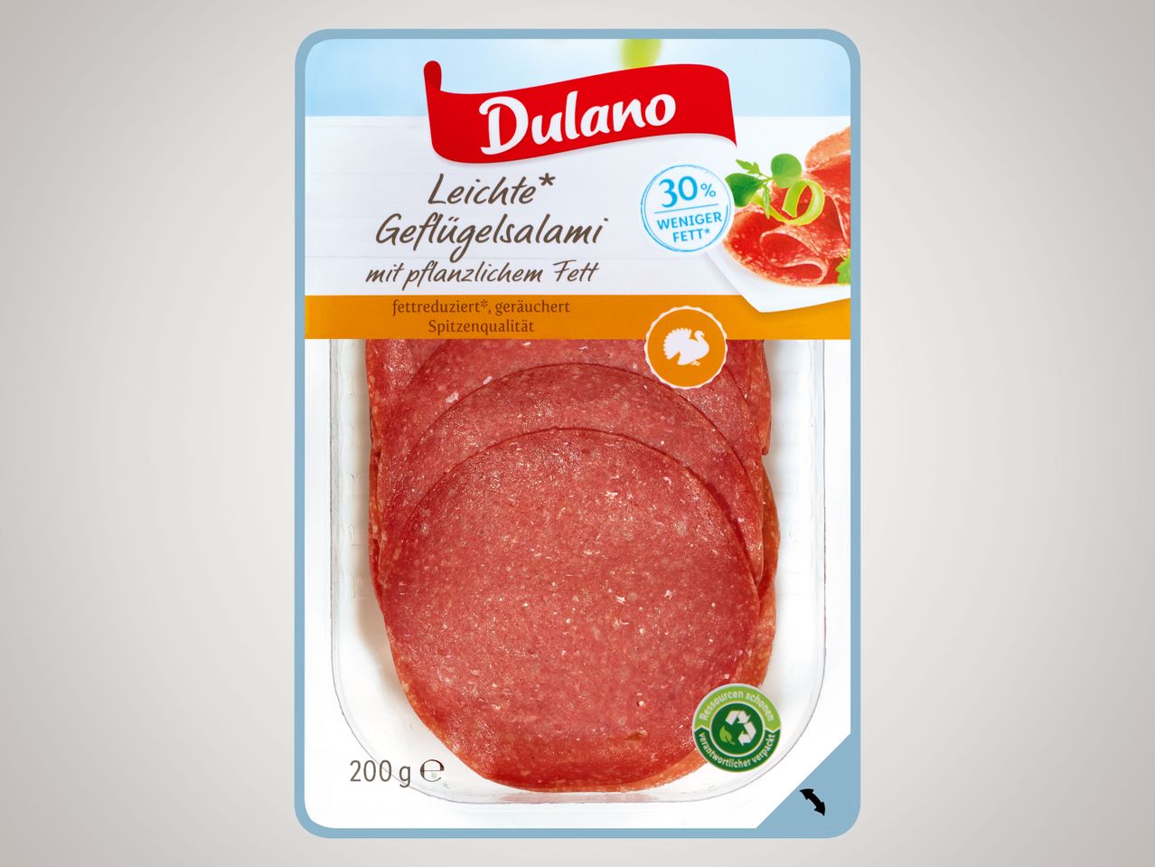 Dulano leichte Geflügelsalami, 30% weniger Fett.