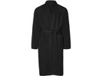 Black waffle-knit bathrobe with a tie belt and pockets.