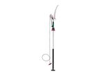 Long-handled tree pruner with a saw blade and rope mechanism.