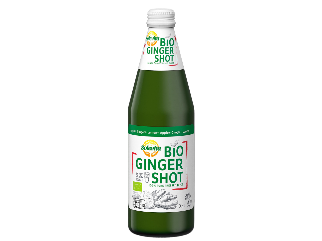 Zöld üvegpalack bio gyömbér shot itallal, 100% préselt gyümölcslé, alma, gyömbér és citrom ízzel.