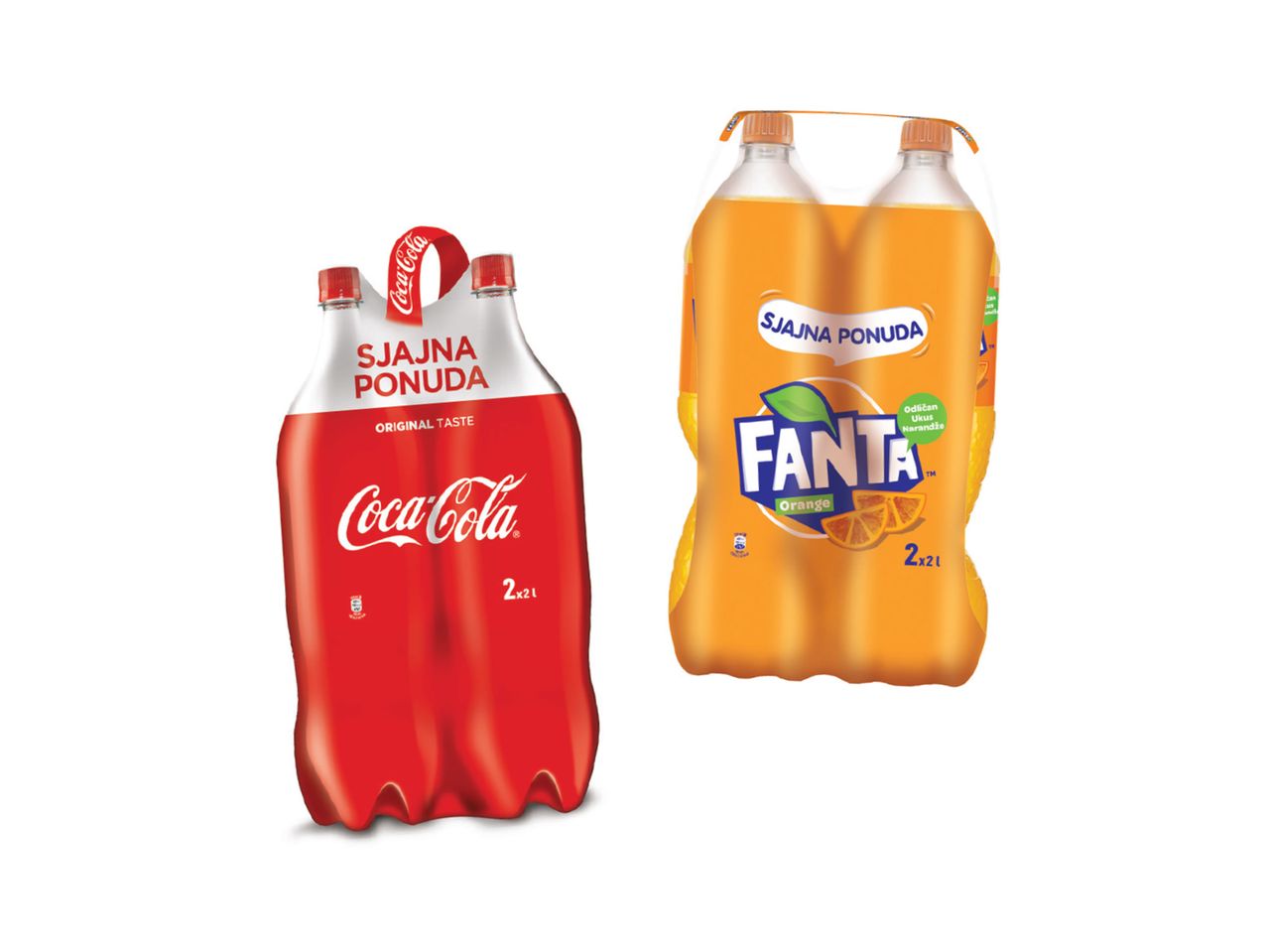 Dva pakovanja pića, jedno Coca-Cola i jedno Fanta, oba sa natpisom „Sjajna ponuda“.