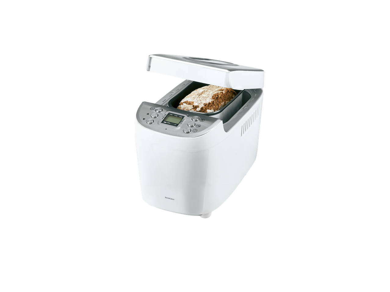 Machine à pain blanche avec un pain fraîchement cuit à l'intérieur, couvercle ouvert.
