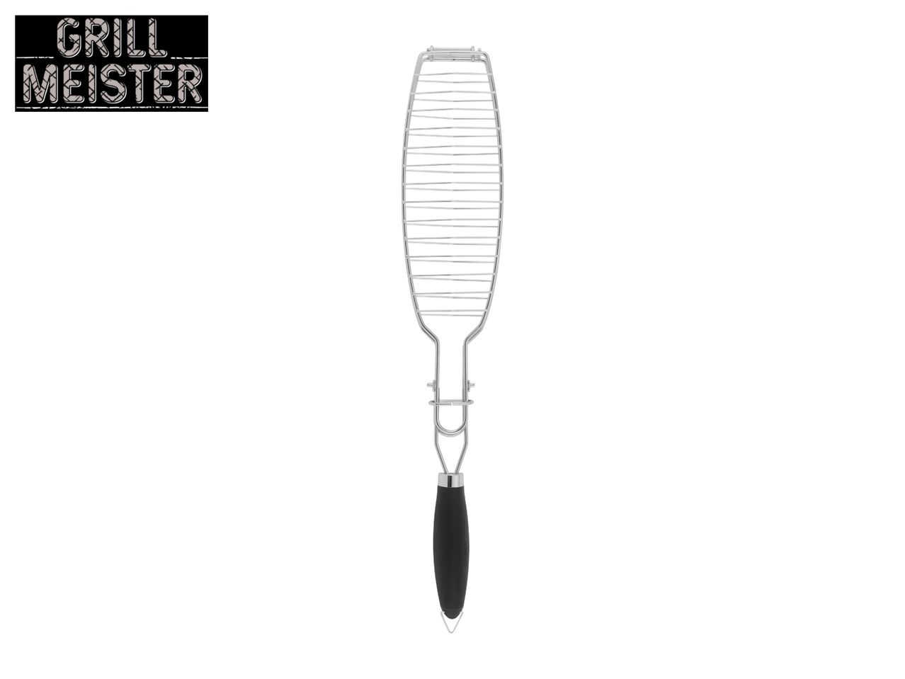 Grill basket with a black handle, ideal for grilling fish or vegetables.