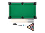 Miniature pool table set with cues, balls, rack, brush, and chalk.