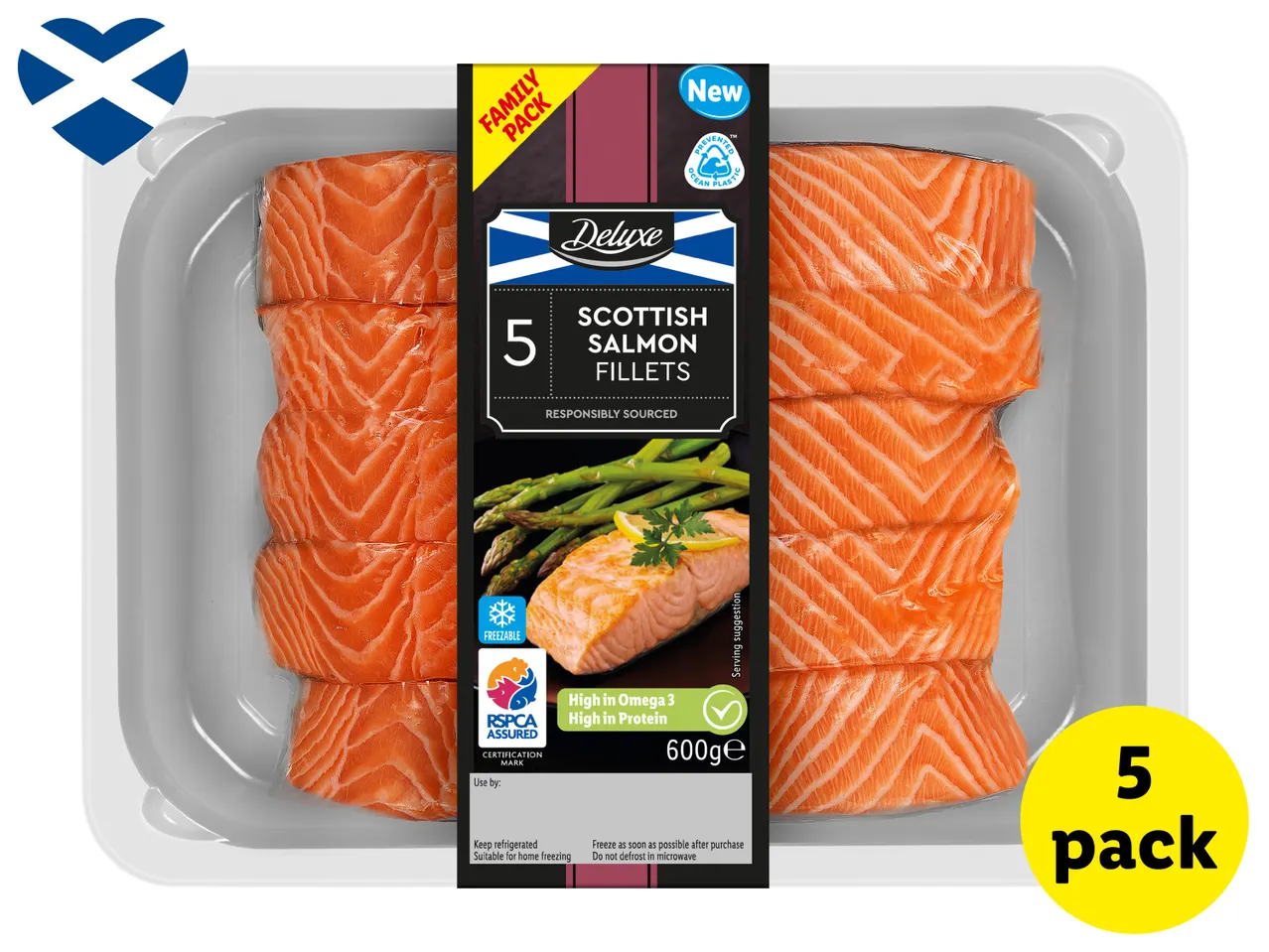 A pack of five fresh Scottish salmon fillets, 600g.