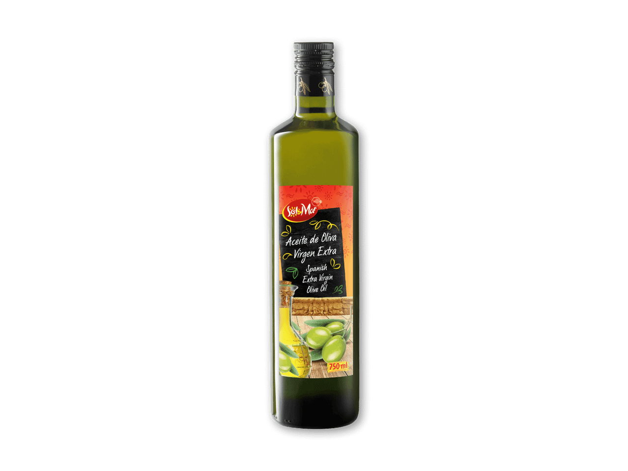 Flaske med ekstra jomfru olivenolie med spansk tema og teksten '750 ml'.