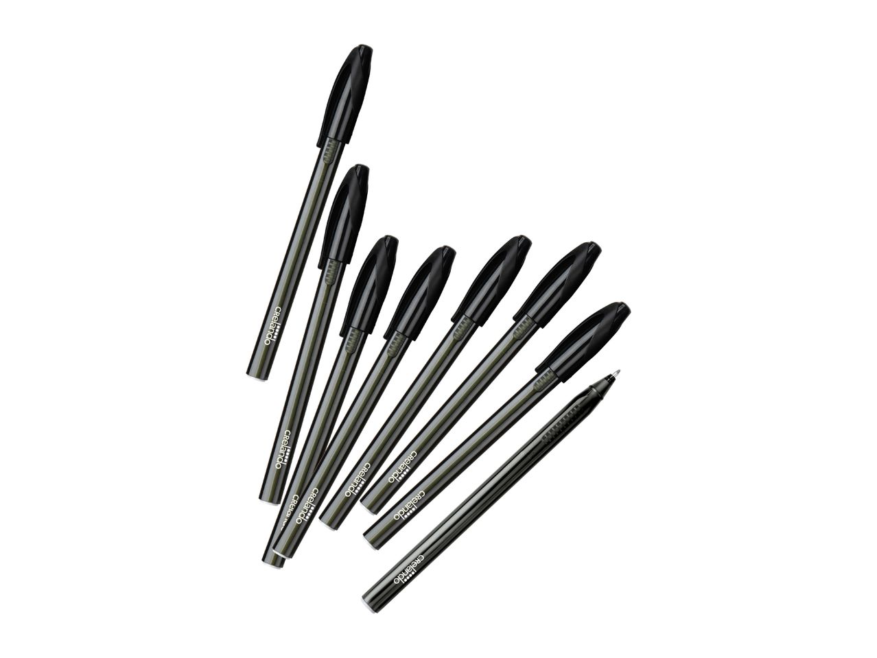 Seven black Crelando ballpoint pens arranged in a fan shape.