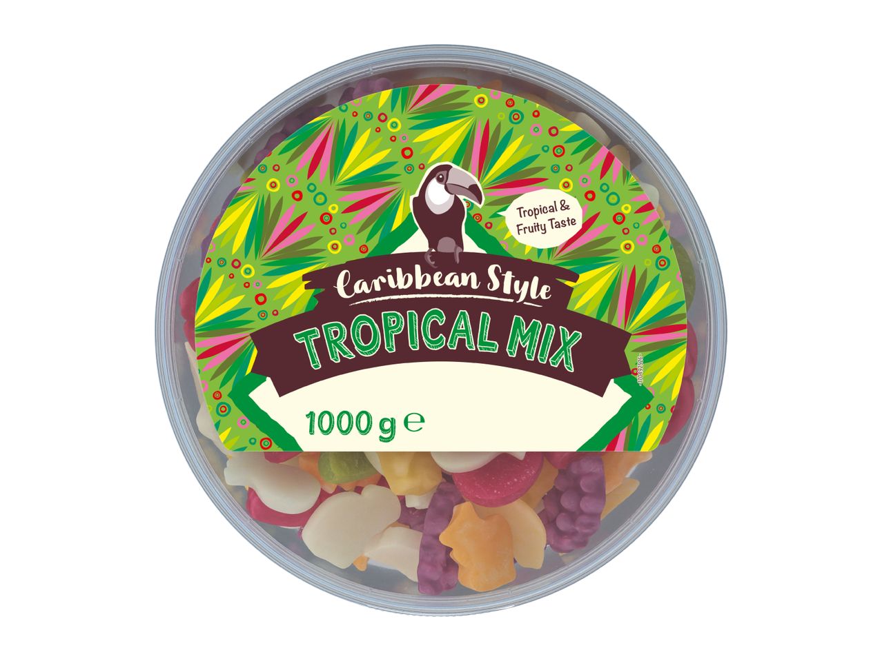 A round container of Caribbean Style Tropical Mix gummy candies, 1000g, with a toucan on the label.