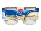 Yaourt à la grecque Milbona saveur vanille en pack de quatre.