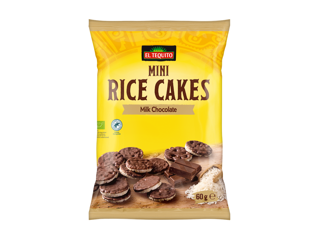 El Tequito Mini Rijstwafels met Melkchocolade in gele verpakking, 60g.
