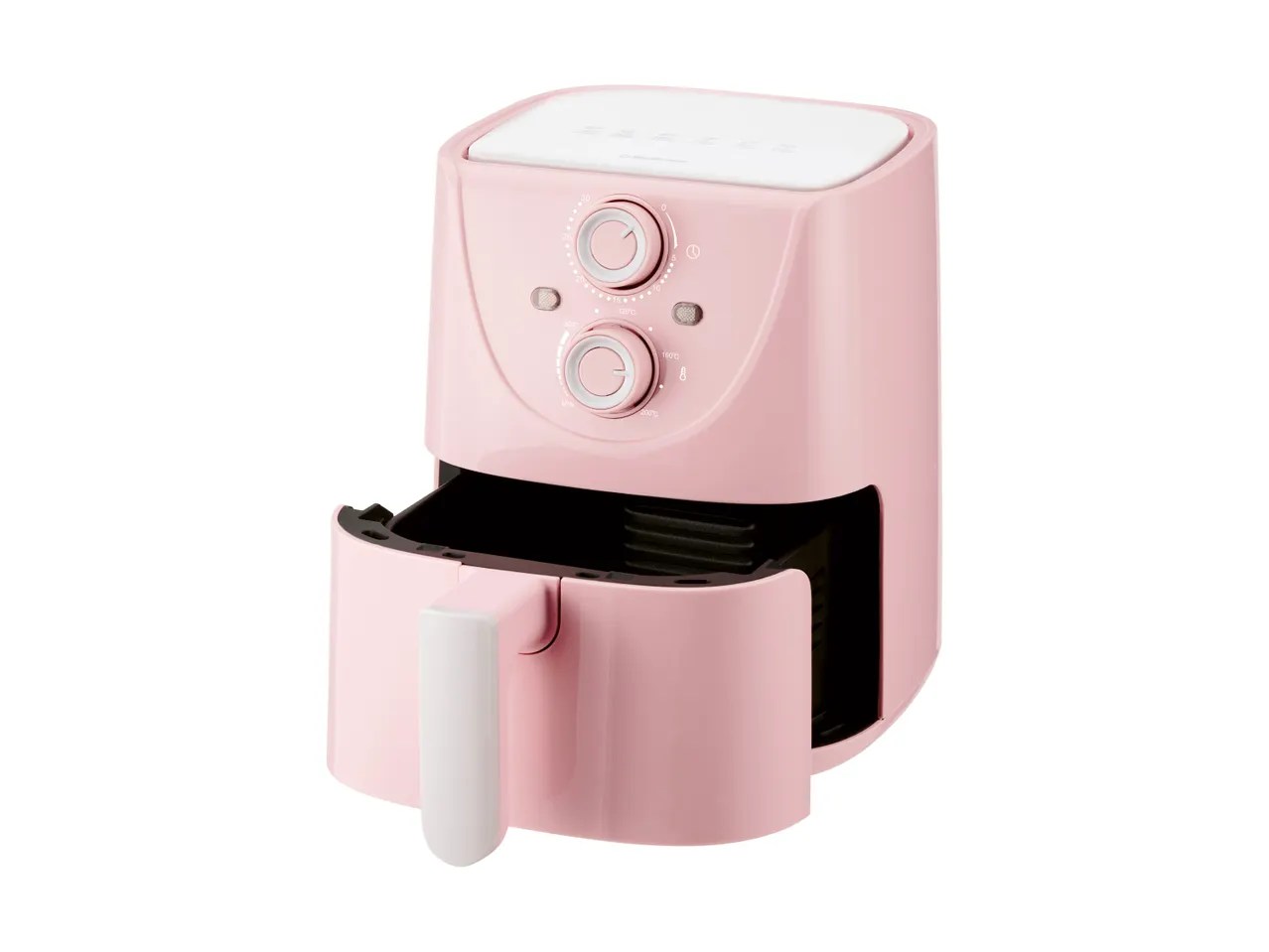 En lyserød airfryer med en udtrækkelig kurv og kontrolknapper.