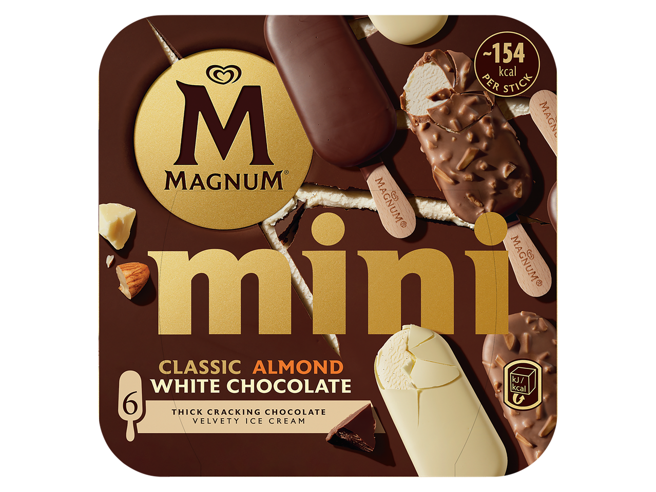Mini gelados de chocolate clássico, amêndoa e chocolate branco, com 154 kcal por unidade.