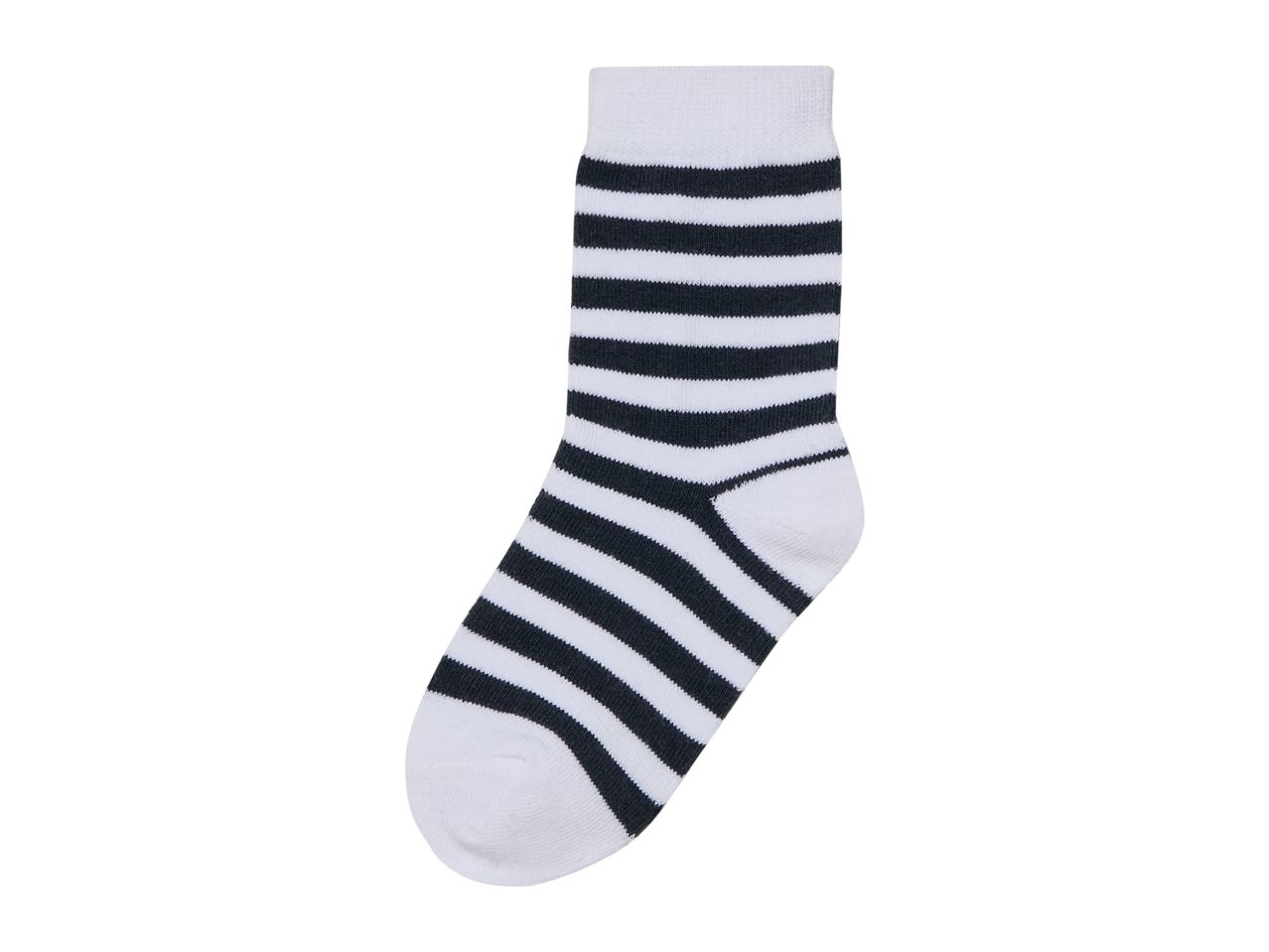 A single black and white striped sock, isolated on a white background.
