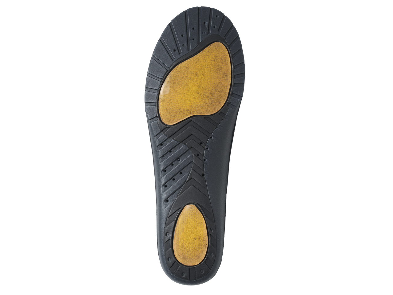 A black shoe insole with two yellow gel inserts.