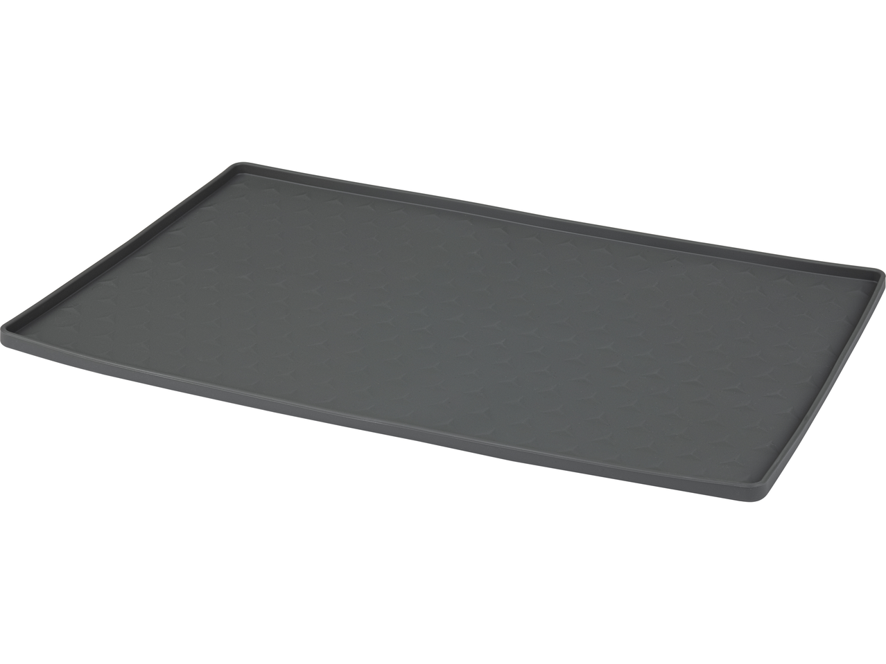 A dark gray rectangular silicone pet feeding mat with a textured surface.