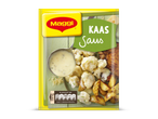 Verpakking voor kaassaus met een afbeelding van bloemkool en aardappelen overgoten met saus.