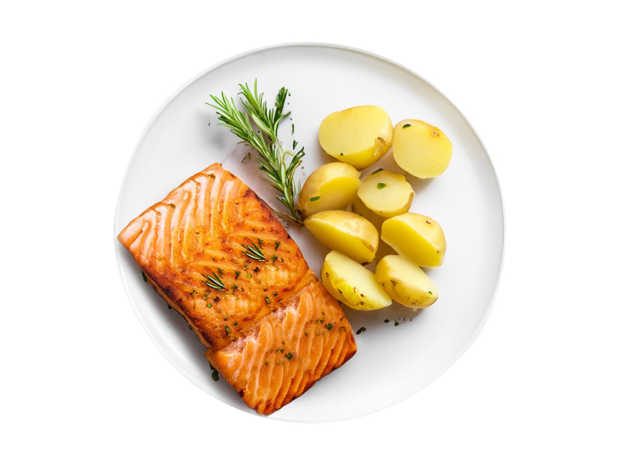 A plate of cooked salmon with rosemary and boiled potatoes.