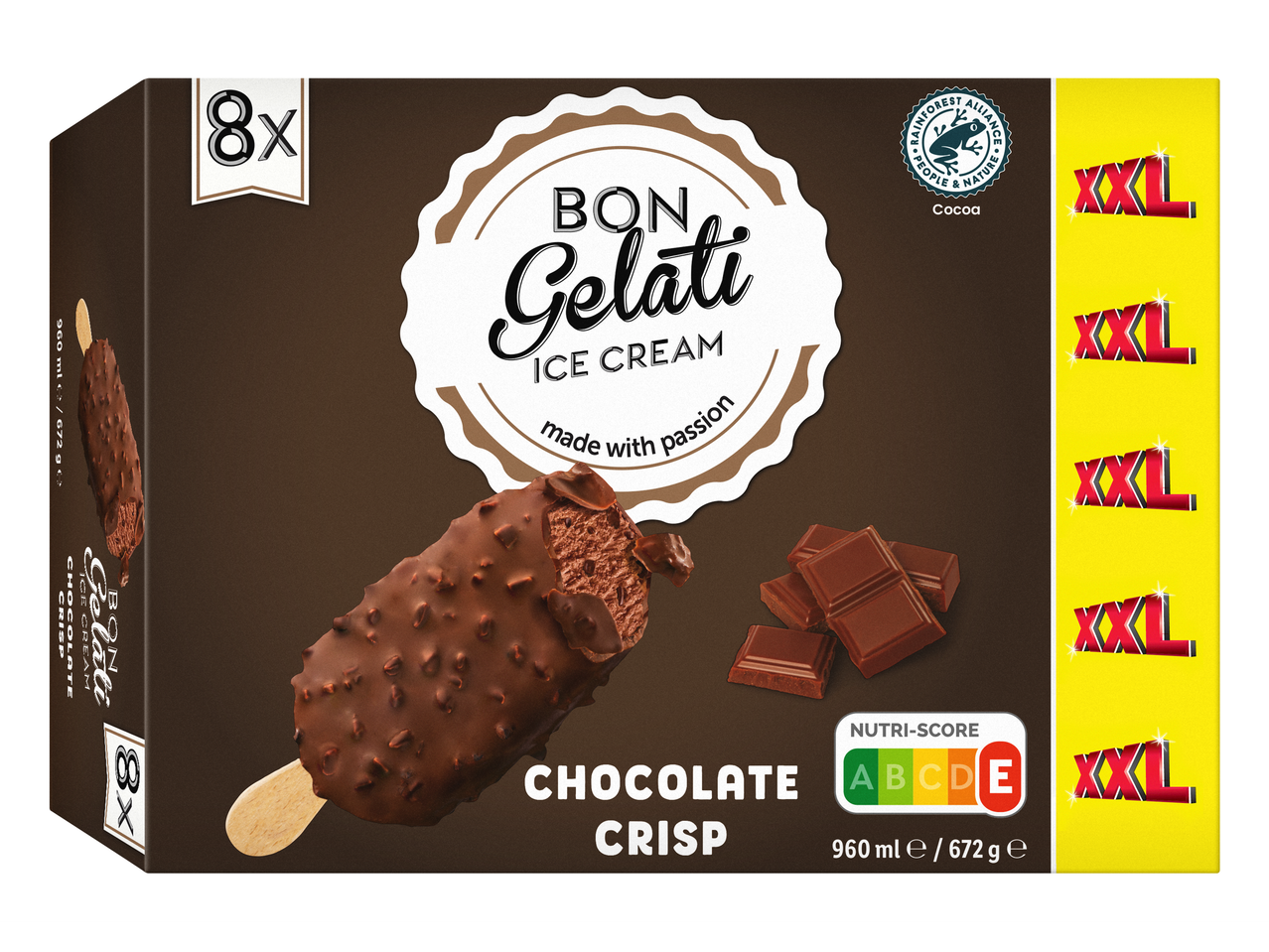 Embalagem de 8 picolés Bon Gelati XXL sabor Chocolate Crisp.